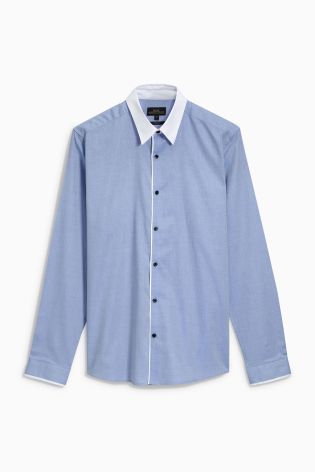 Blue Contrast Collar Long Sleeve Shirt